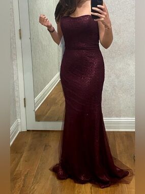 Mori Lee Strapless Burgundy Lace Mermaid Gown